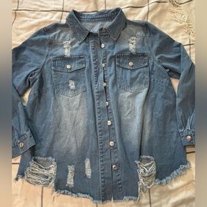 SHEIN Curie Light Blue Washed Denim Shirt Jacket
